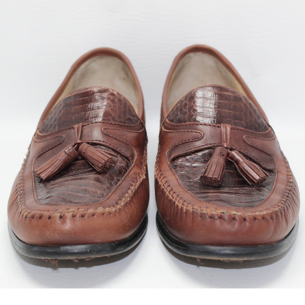 Domani Mens Brown Leather Tassel‎ Loafers Crocodile Embossed 9.5M 18-1007